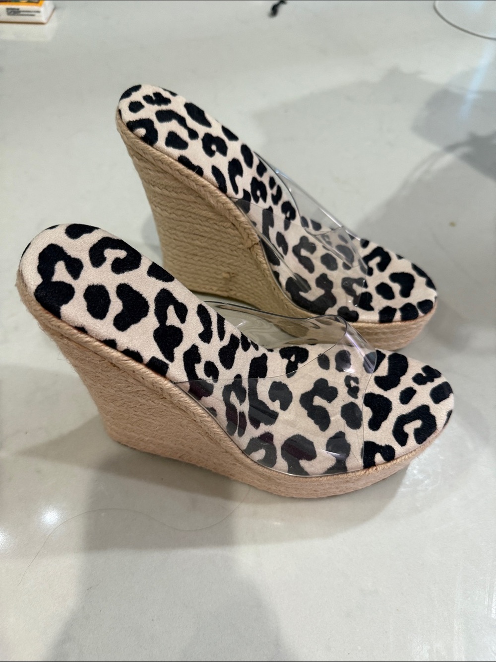 Leopard Print Wedge Sandals with Clear Strap